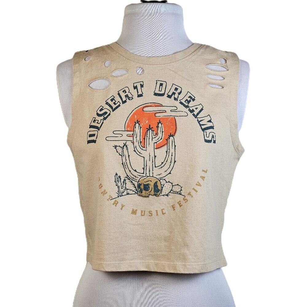 Recycled Threads Womens S Tan Cropped Tank Concert Shirt Festival Summer Country